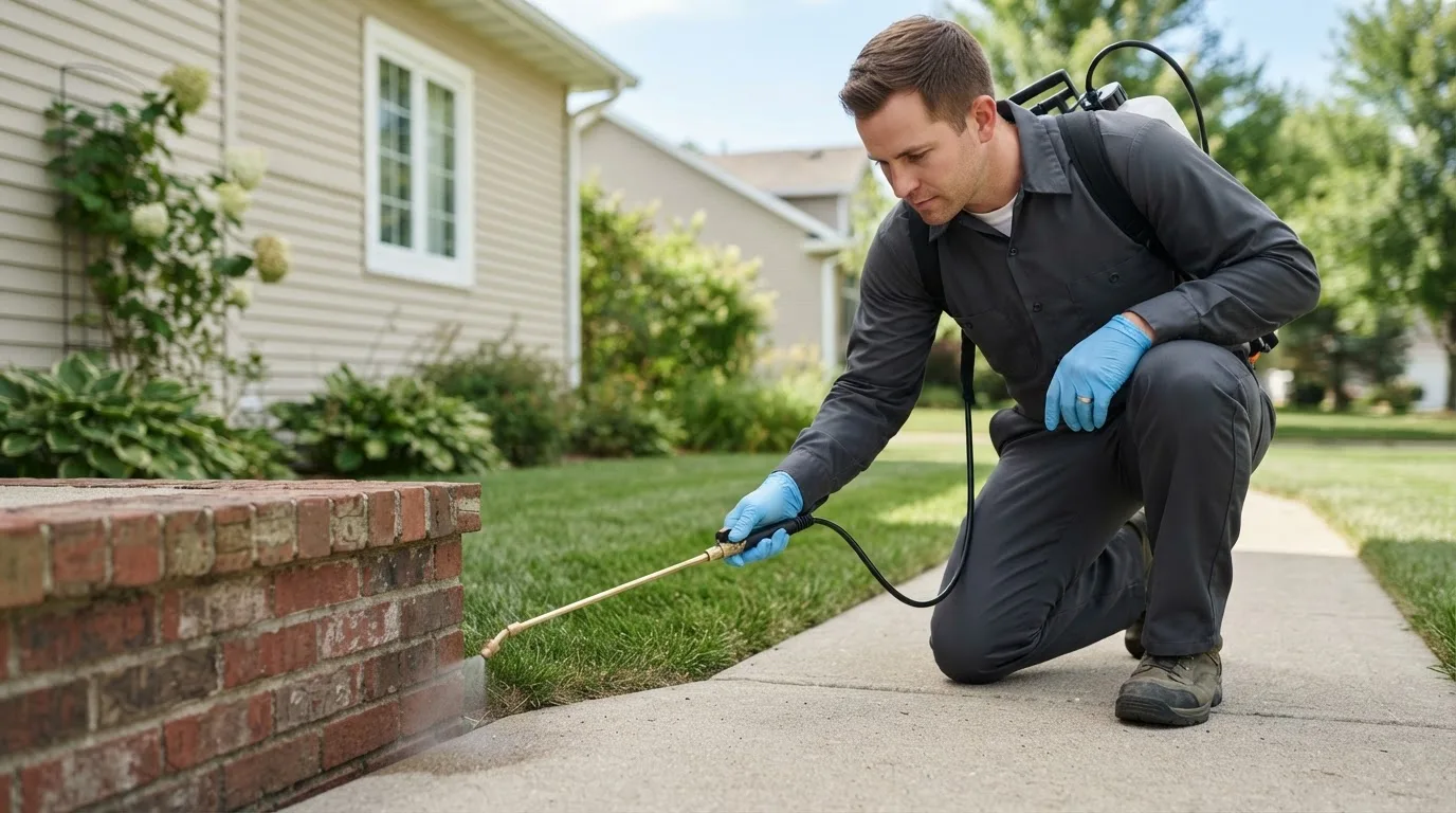 Pest control technician treating a home near Leiters Ford, IN